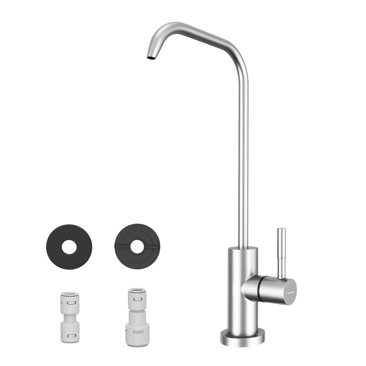 WEWE RO faucet front view showing brushed nickel finish and elegant 7-shaped spout for coordinated kitchen style