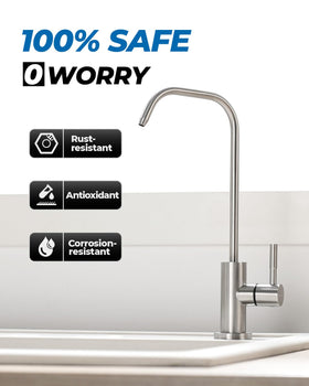 WEWE RO faucet beside a drinking glass to show scale and dedicated filtered-water outlet convenience