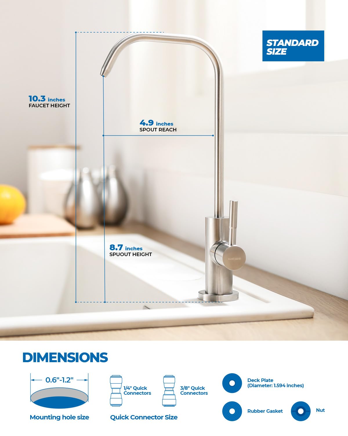 WEWE RO spout swivel in use filling a tall pot showing 360° rotation for easy kitchen access