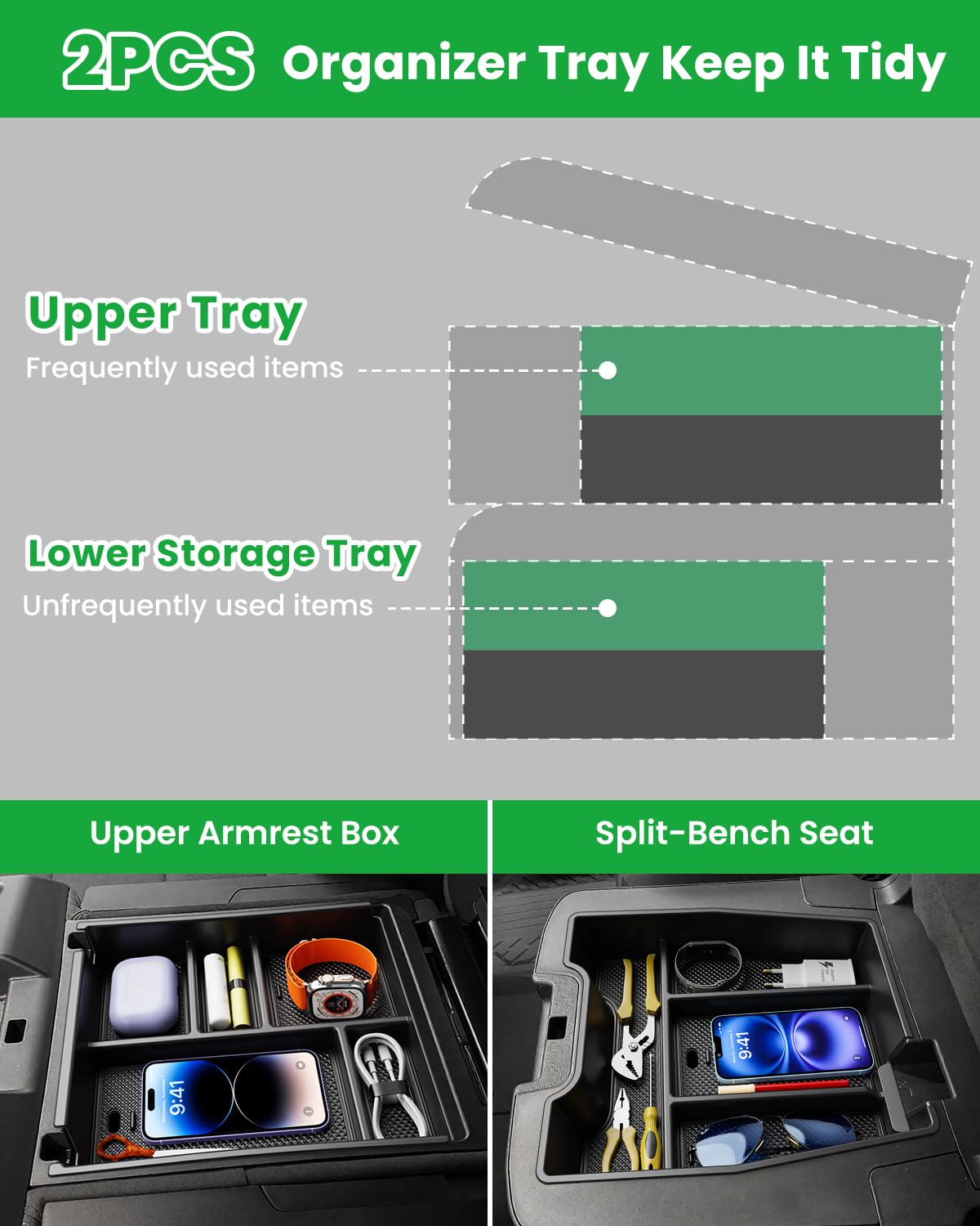 Wexyldra installed in Silverado armrest showing tidy storage benefit