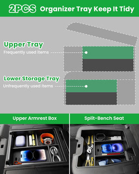 Wexyldra installed in Silverado armrest showing tidy storage benefit