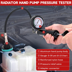 weyleity handpump attached to radiator in use demonstrating fast leak detection benefit