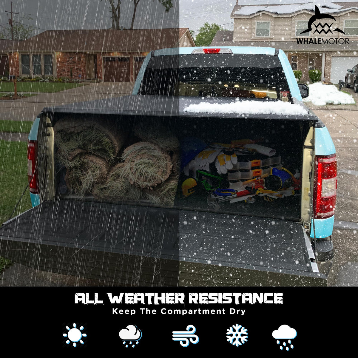 WHALEMOTOR closed tonneau over truck bed protecting cargo from elements