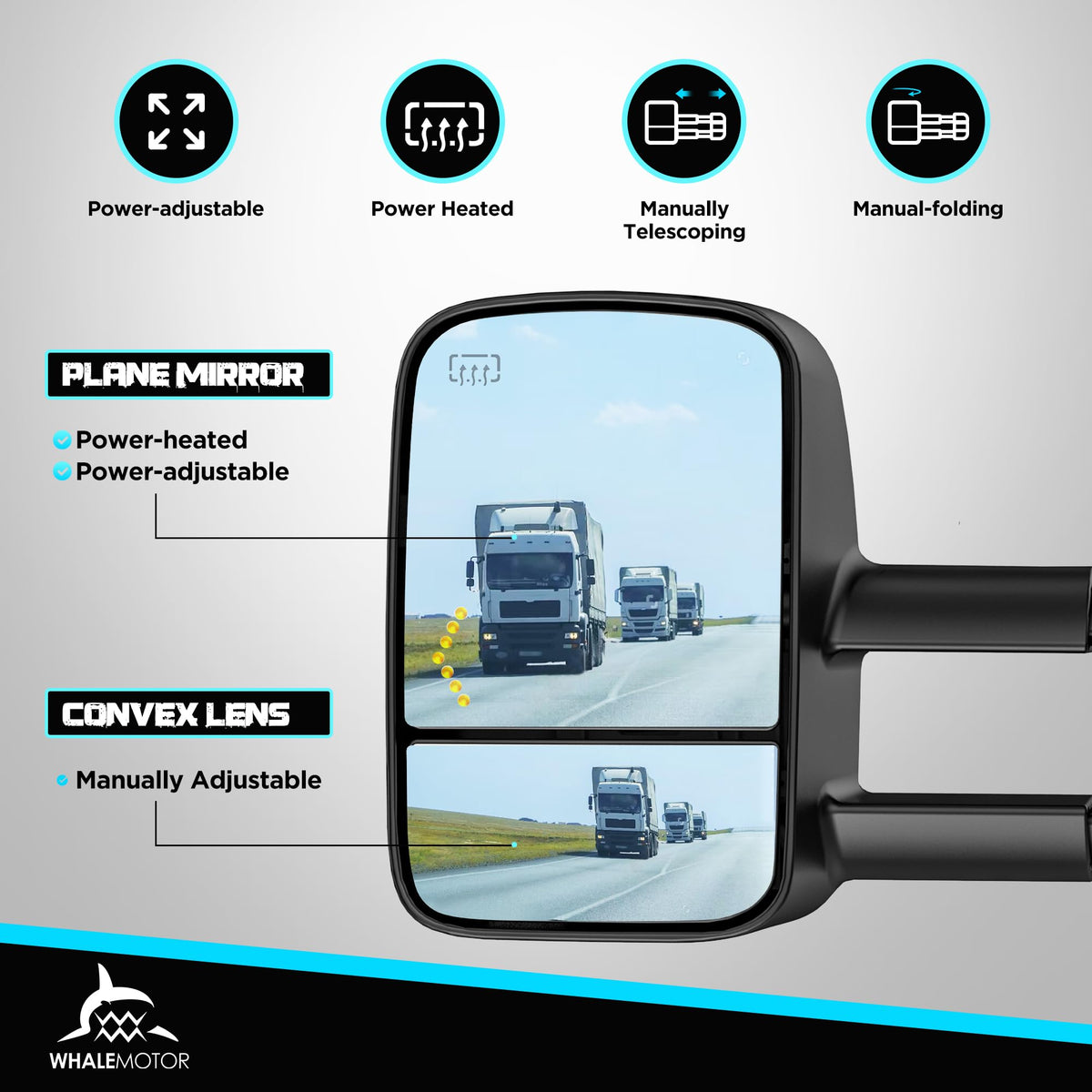 WHALEMOTOR close-up of mirror glass showing heating element clarity benefit