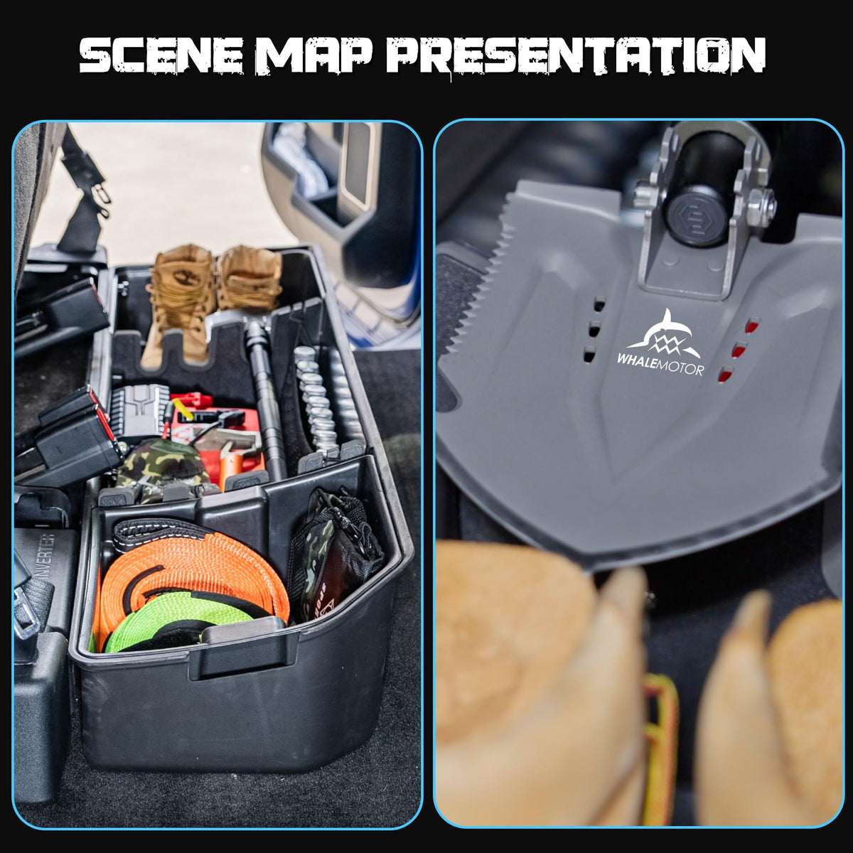 WHALEMOTOR removable tool tray pulled out for quick-access convenience benefit