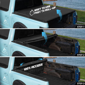 WHALEMOTOR rolled up cover exposing bed for quick loading and unloading