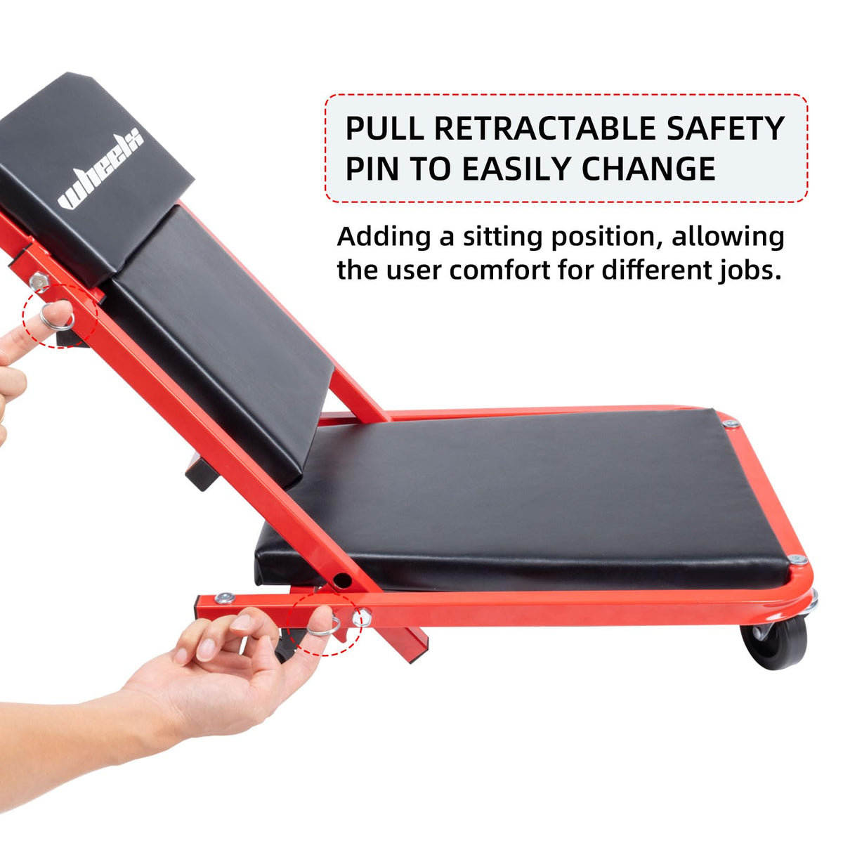 WheelX side profile reclined position supports mid-height repairs comfortably