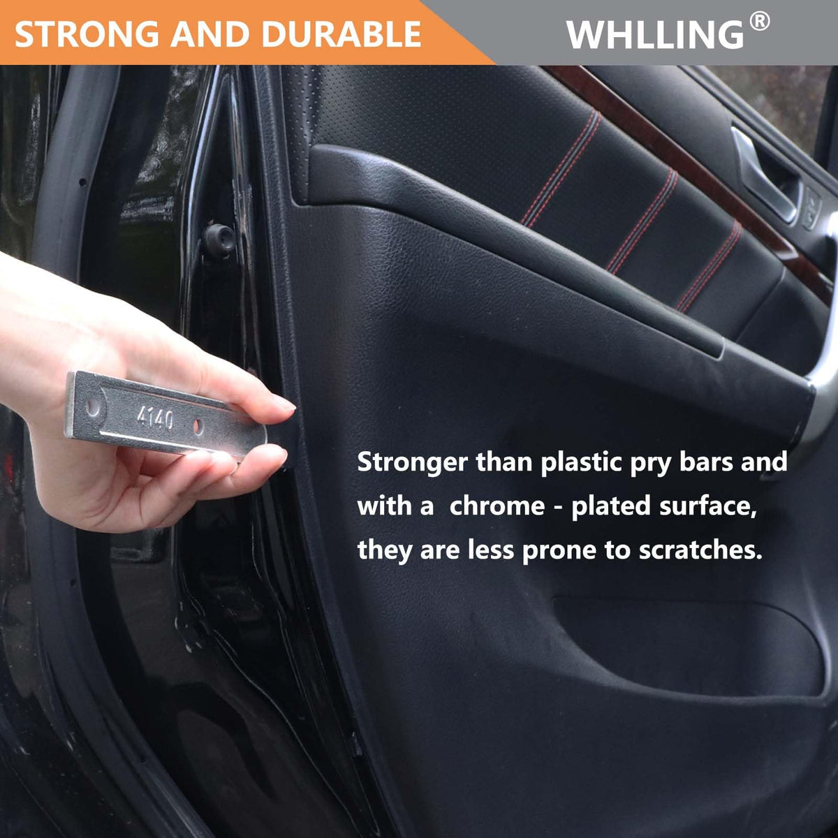 WHLLING pry bar in use removing door panel demonstrating safe, scratch-free leverage