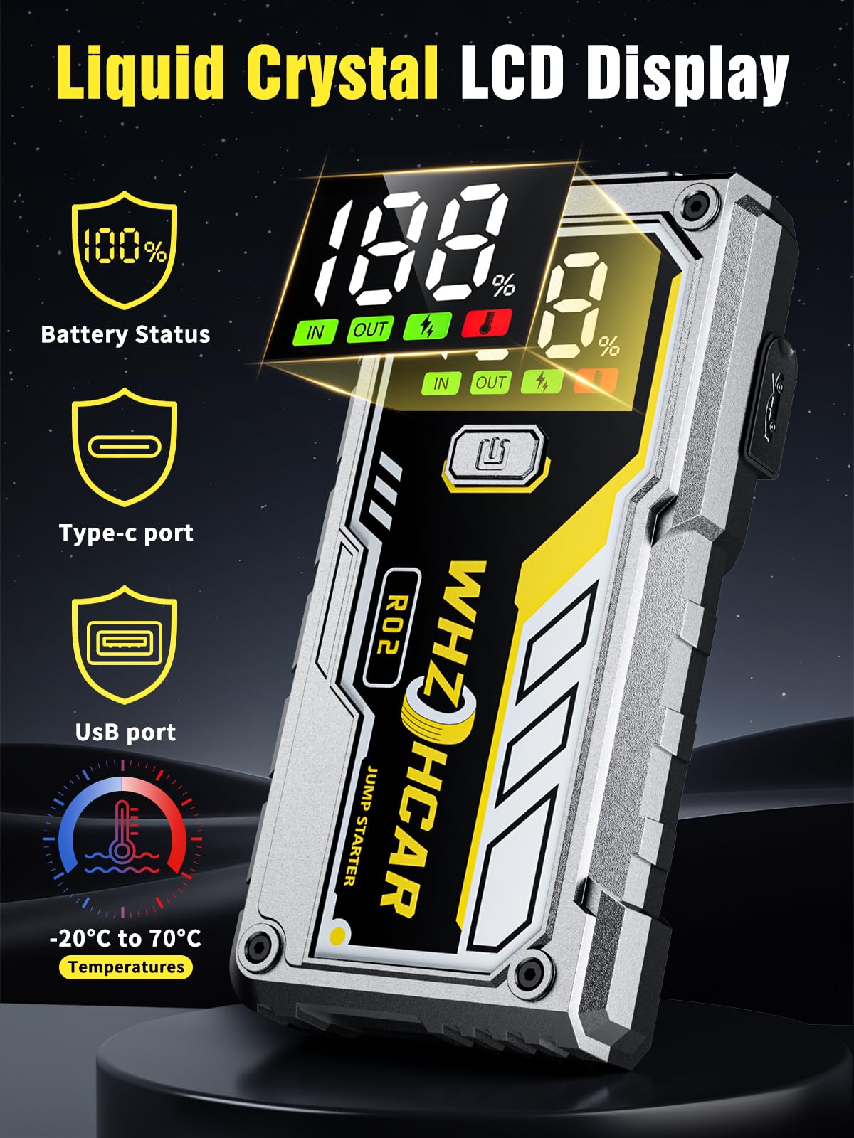 WHZOHCAR close-up of LCD display for clear battery and status info