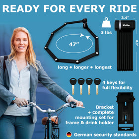 Widder lock wrapped around a post demonstrating 47-inch reach and coverage