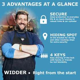 Widder commuter using lock on an e-bike highlighting practical daily security