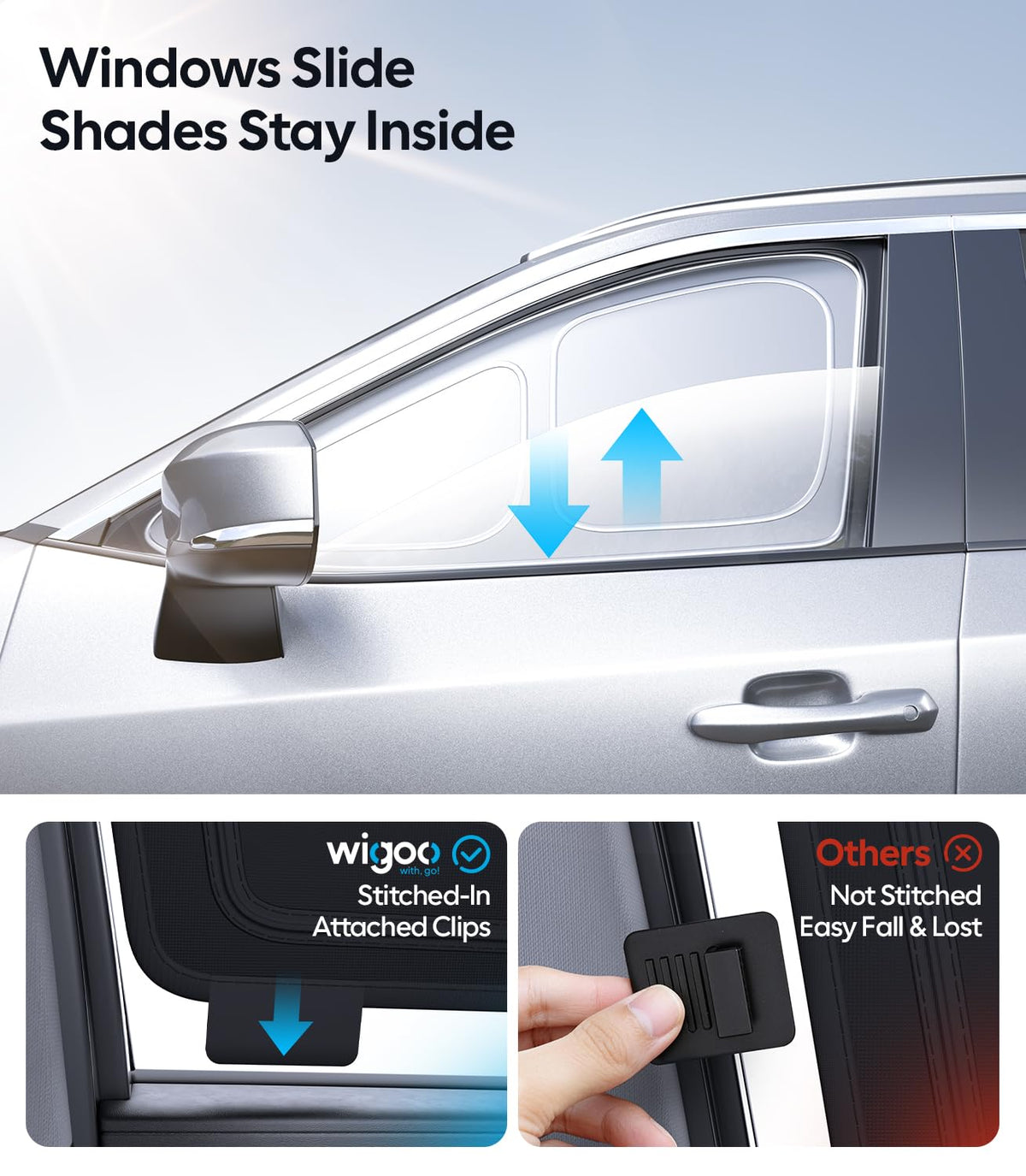 Wigoo close-up of stitched-in clip showing secure attachment and no lost parts
