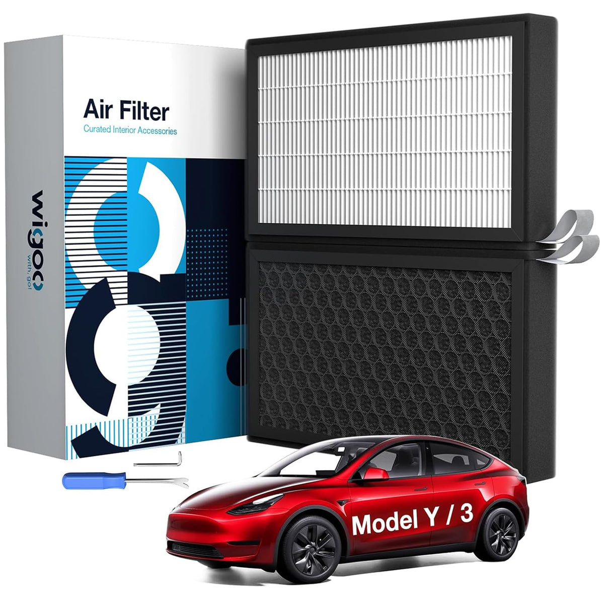 Wigoo front packaging for Model 3 Model Y showing fit and benefits