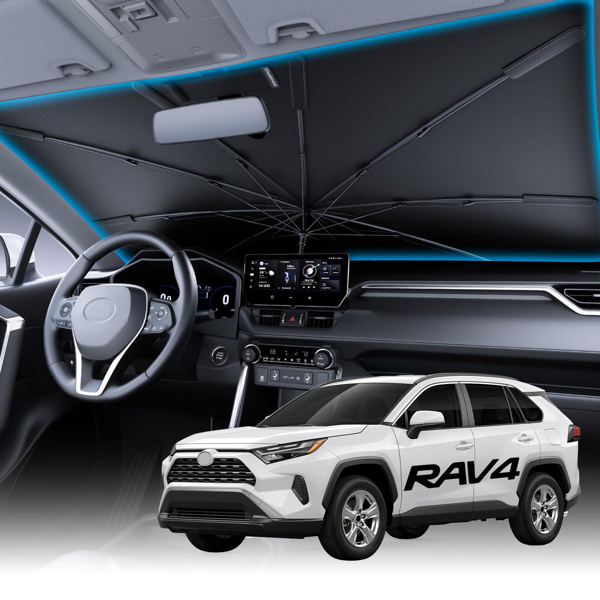 Wigoo front view showing precise RAV4 windshield fit and full coverage benefit