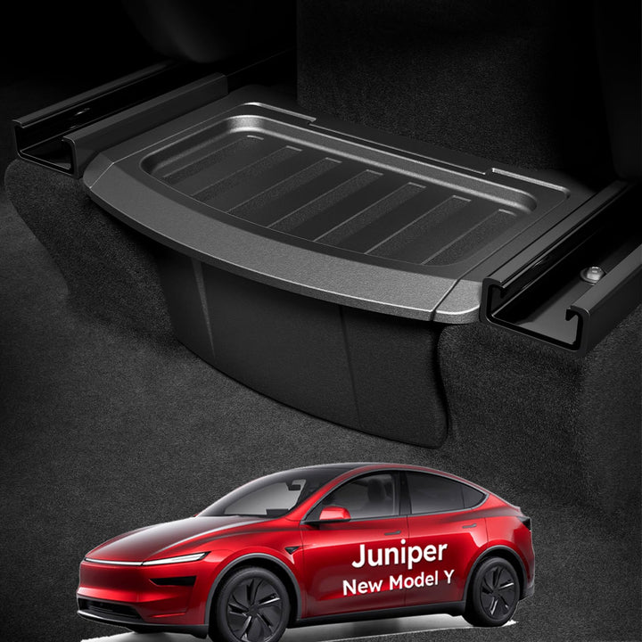Wigoo front view installed in Model Y Juniper showing discreet storage and neat cabin look