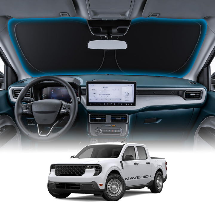 Wigoo front view of packaged sunshade showing fit for Maverick and neat storage