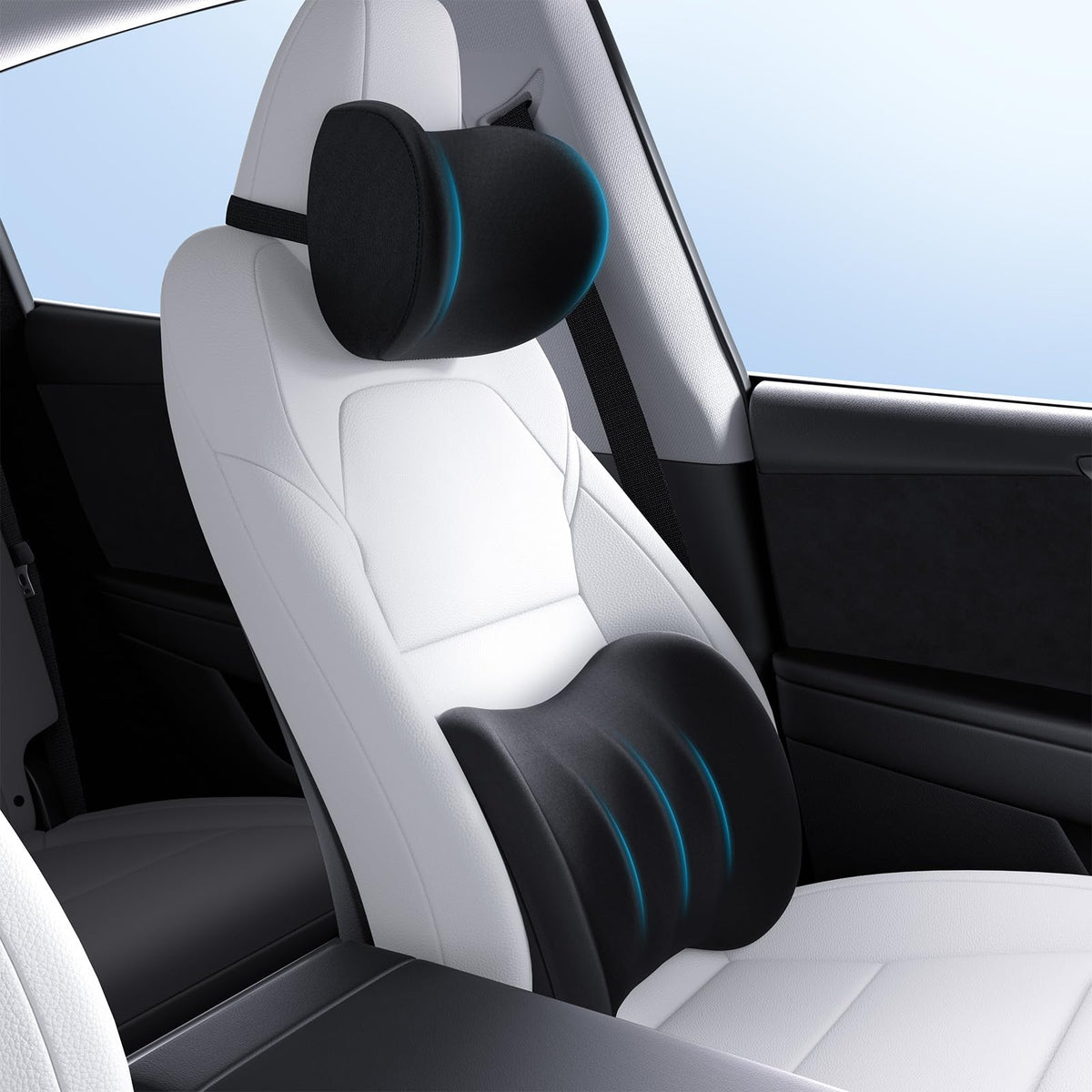 Wigoo front view of neck and lumbar set showing ergonomic shape for comfort