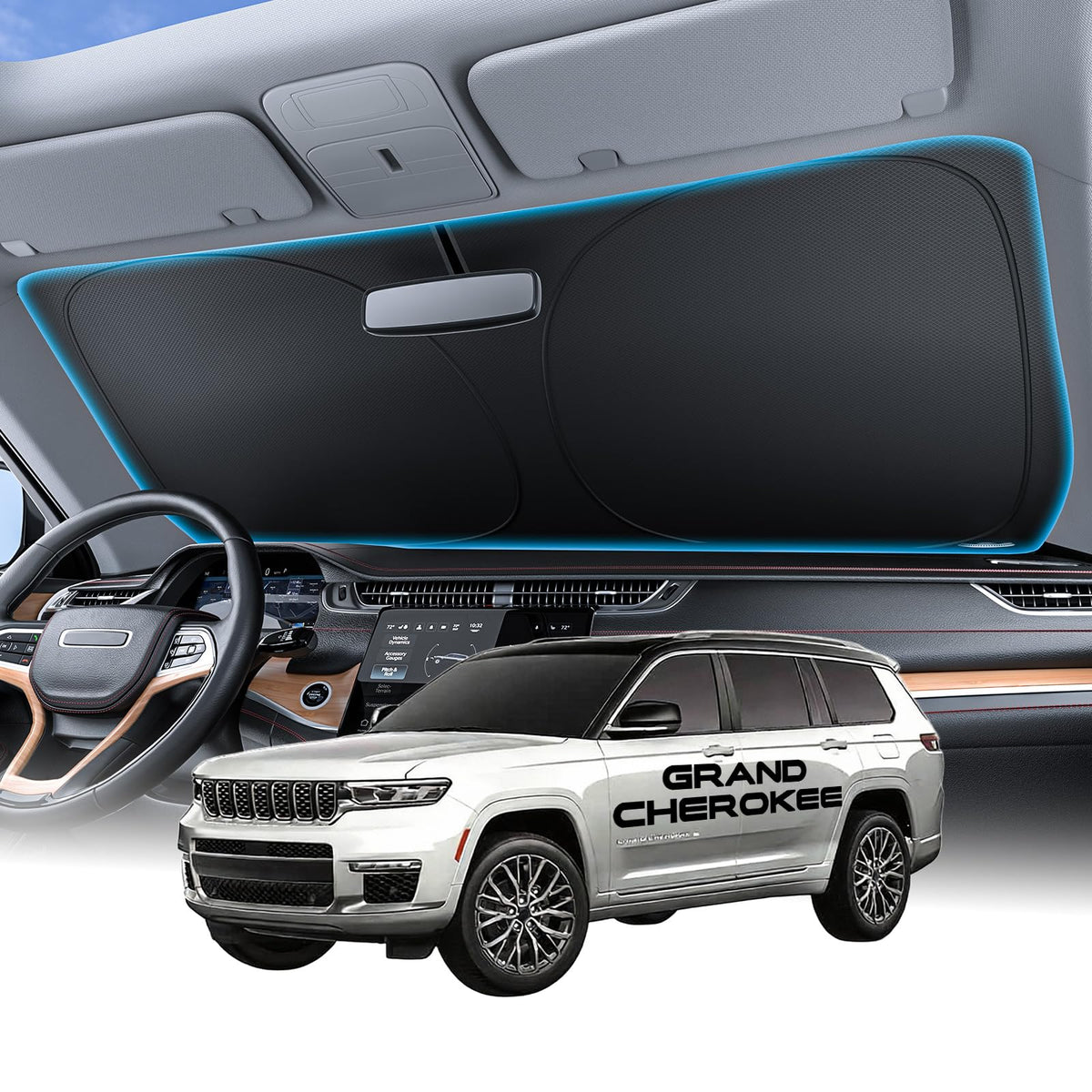 Wigoo front view on Grand Cherokee windshield showing perfect custom fit and sun reduction