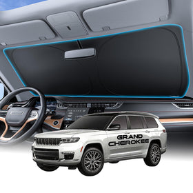 Wigoo front view on Grand Cherokee windshield showing perfect custom fit and sun reduction