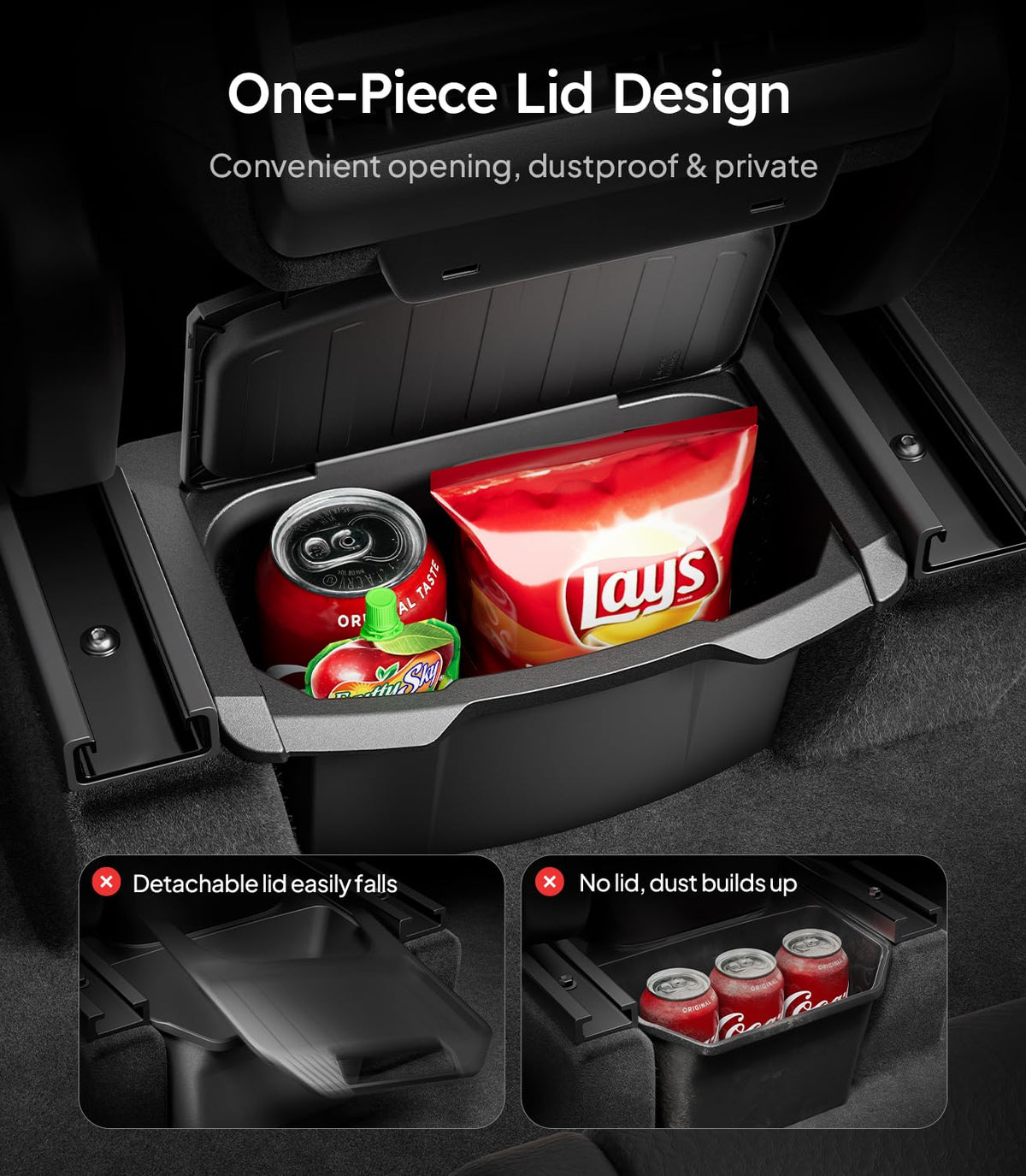 Wigoo holding cables, snacks and a phone illustrating organized rear storage convenience