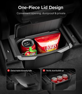 Wigoo holding cables, snacks and a phone illustrating organized rear storage convenience