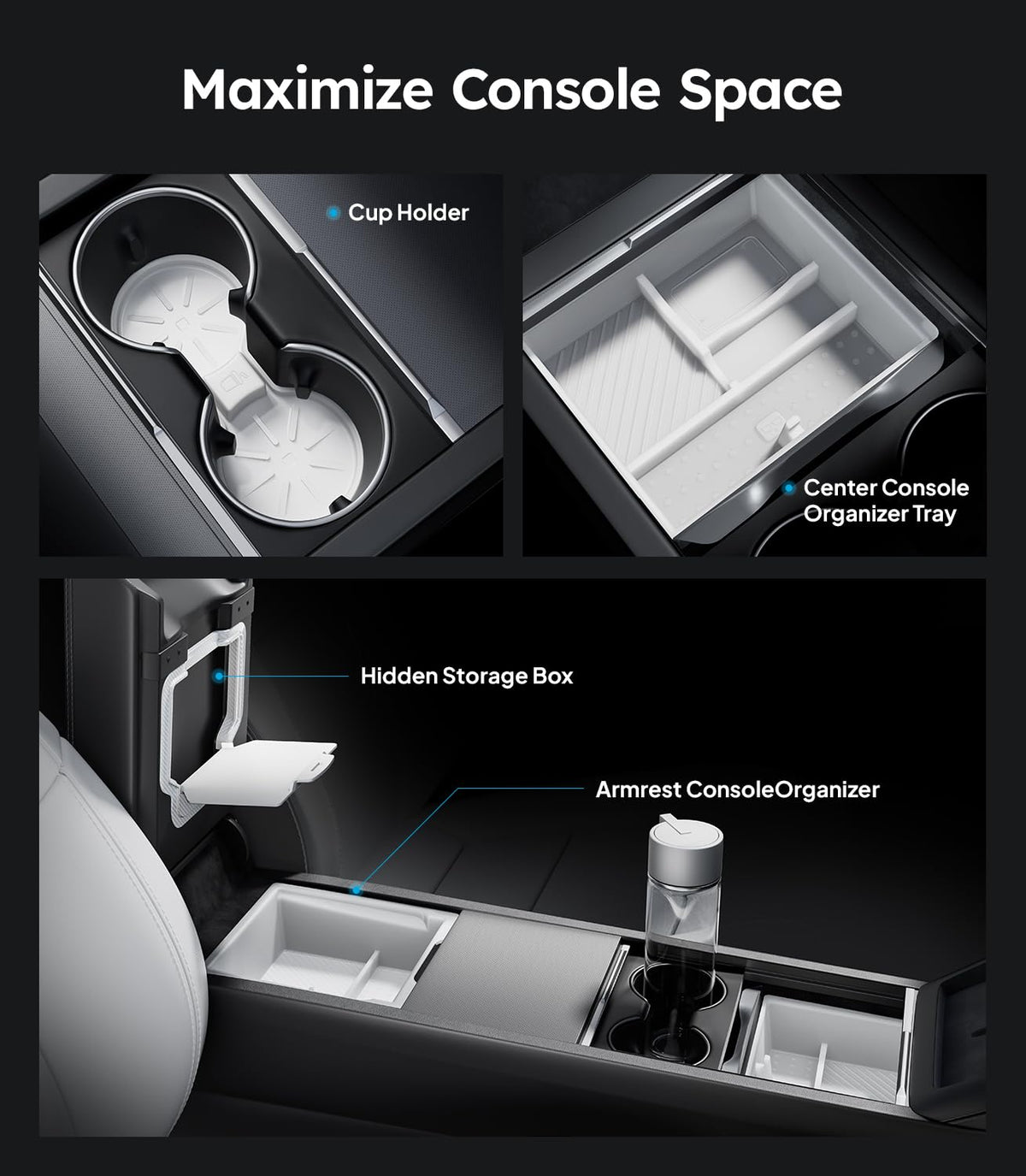 Wigoo organizer installed in Tesla Model 3 console keeping items tidy and accessible