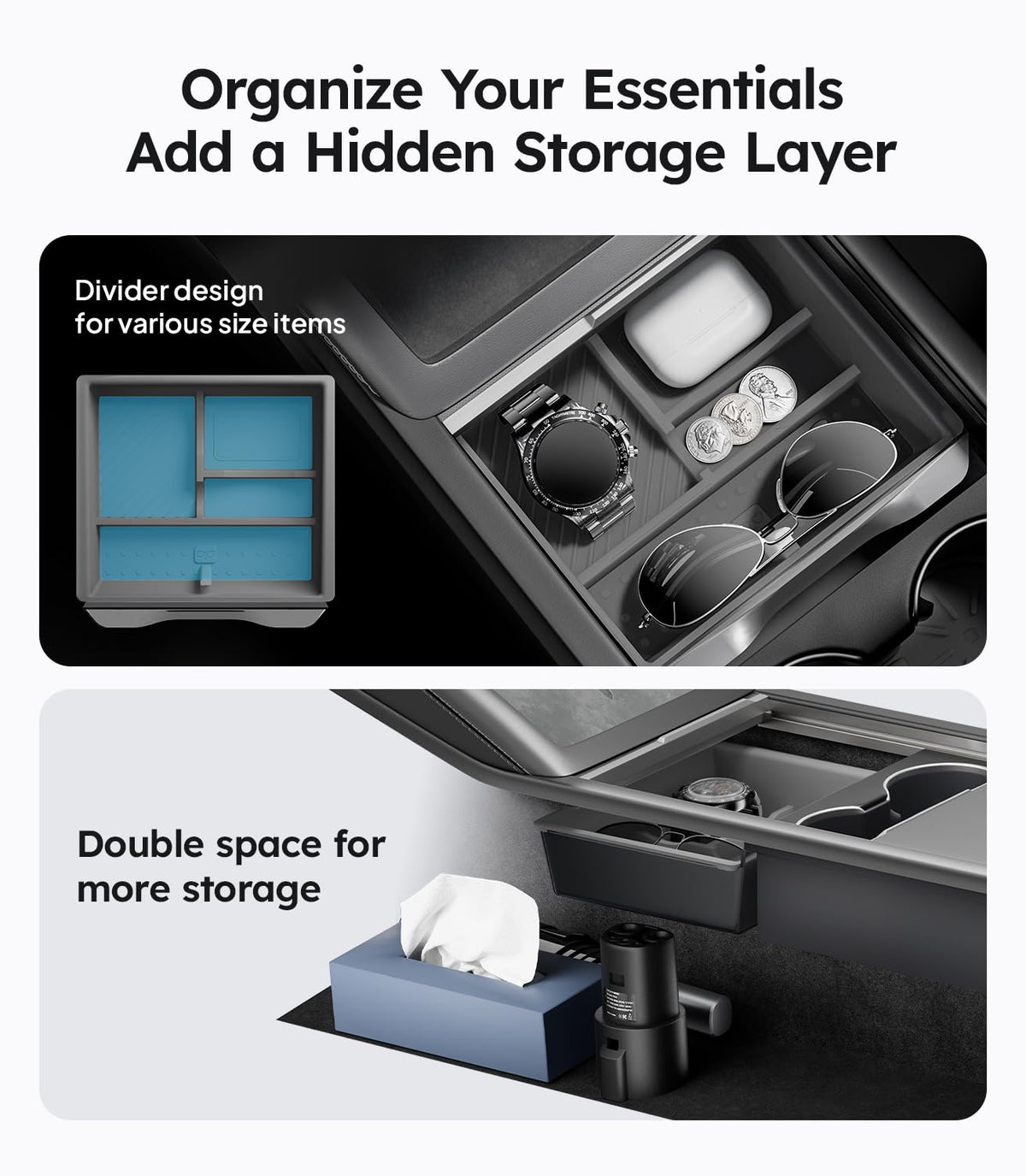 Wigoo installed in Tesla Model Y console showing perfect fit and organized space