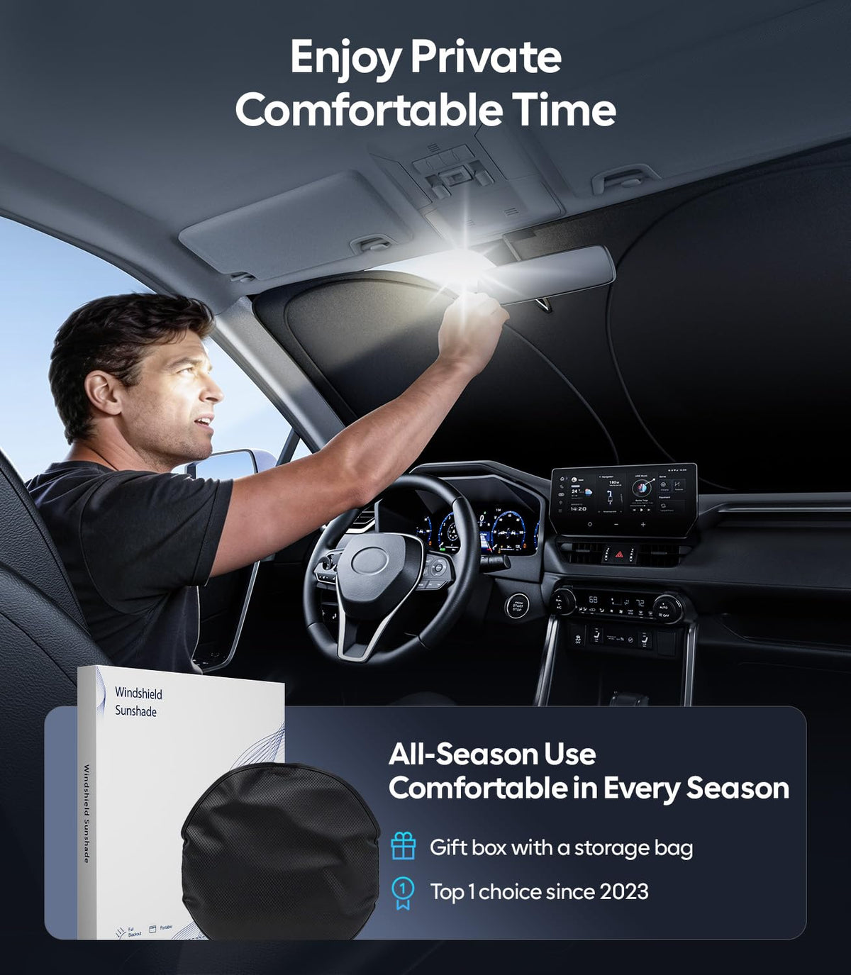 Wigoo shade beside steering wheel to show scale and accurate Kona contour fit