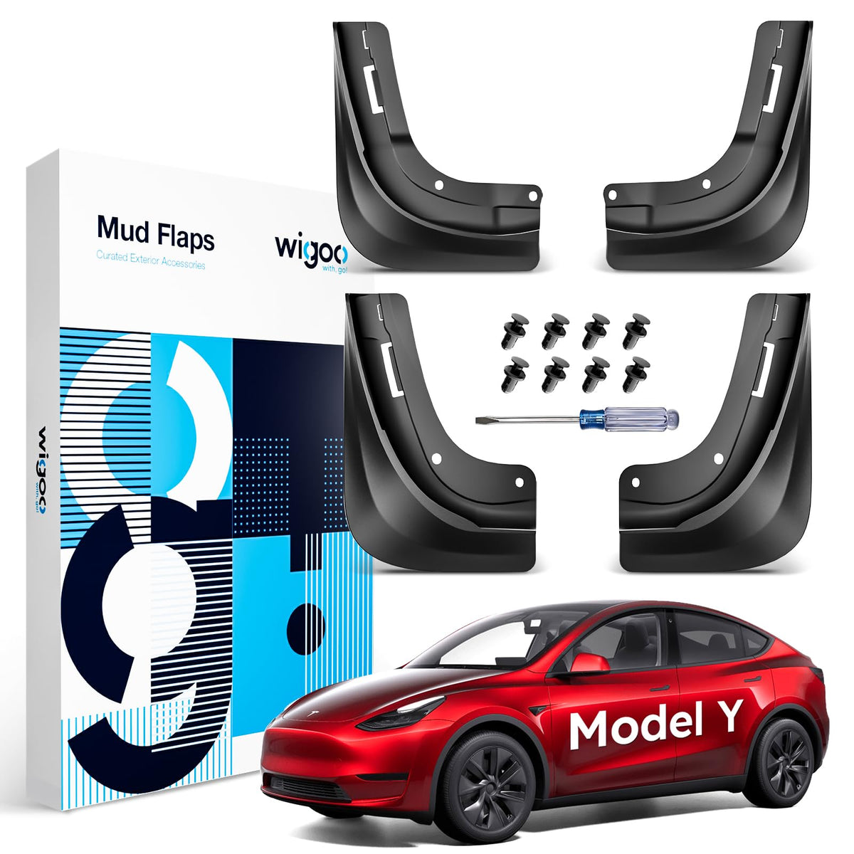 Wigoo front quarter installed on Model Y showing clean factory look and paint protection