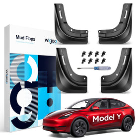Wigoo front quarter installed on Model Y showing clean factory look and paint protection