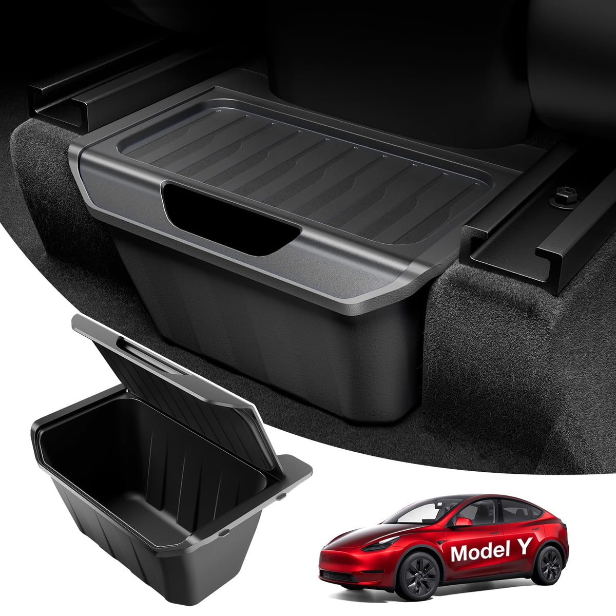 Wigoo installed in Tesla Model Y rear console showing tidy storage and neat appearance