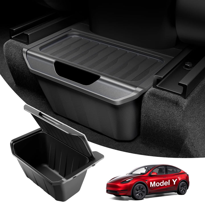 Wigoo installed in Tesla Model Y rear console showing tidy storage and neat appearance