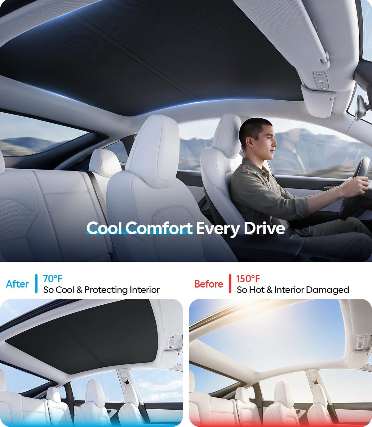Wigoo rear roof sunshade close-up showing secure fit benefit