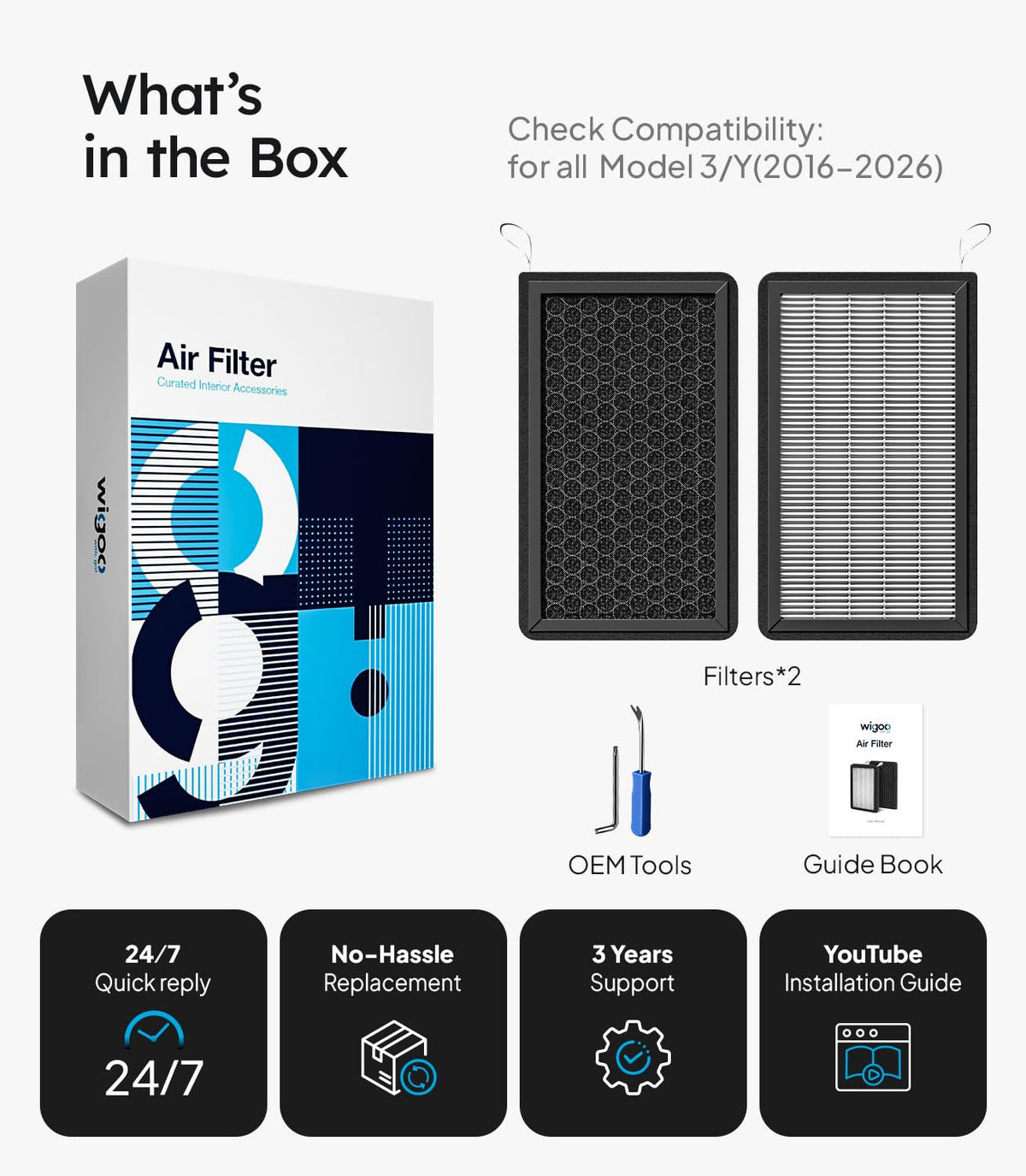 Wigoo two-filter pack laid out signaling spare and easy replacement