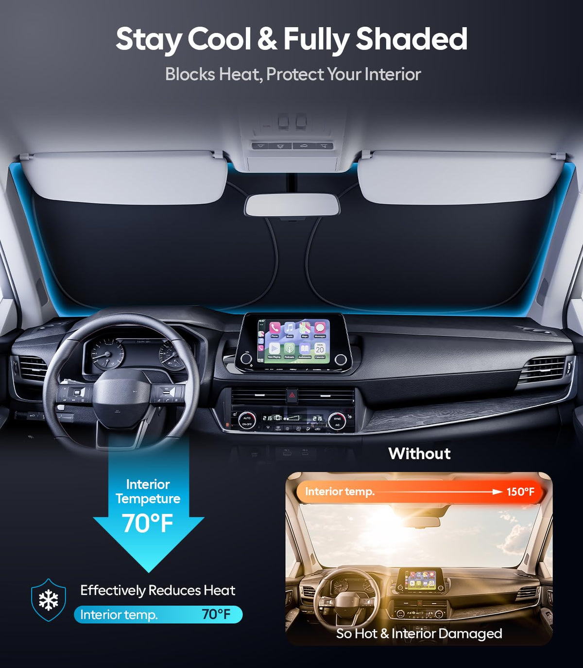 Wigoo sunshade folded into compact circle in storage pouch, space-saving benefit