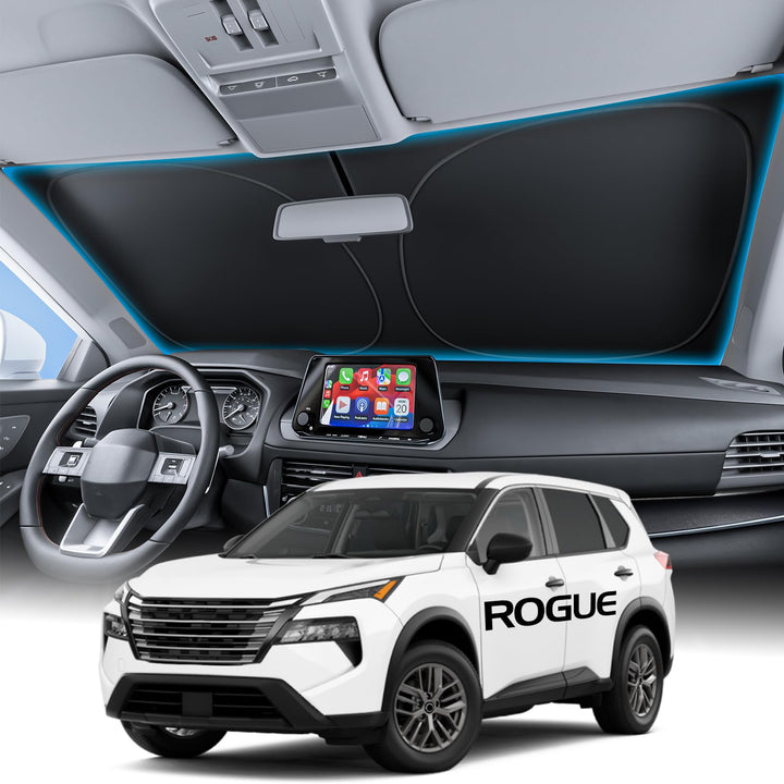 Wigoo sunshade front installed on Nissan Rogue showing full windshield coverage and heat reduction