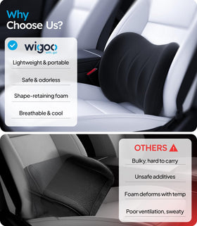 Wigoo pillow set next to car seat showing universal fit and scale
