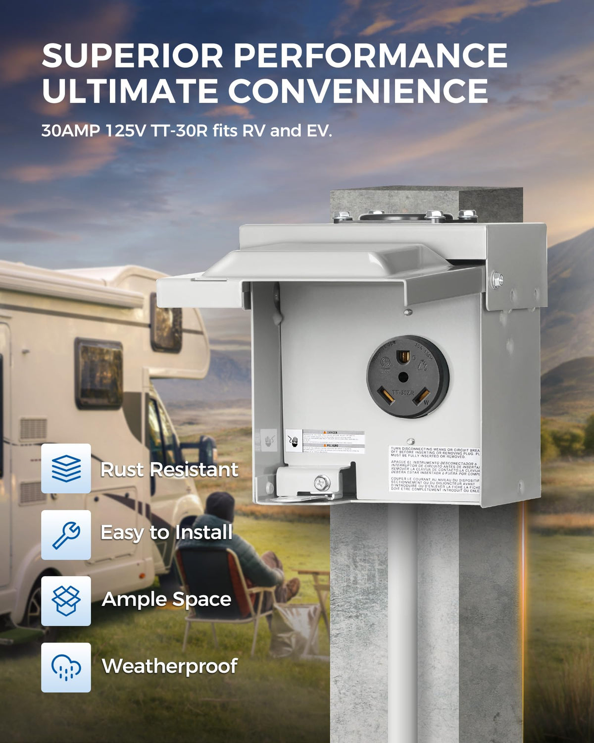 WILAWELS close-up of the NEMA TT-30R receptacle for secure 30A RV connection