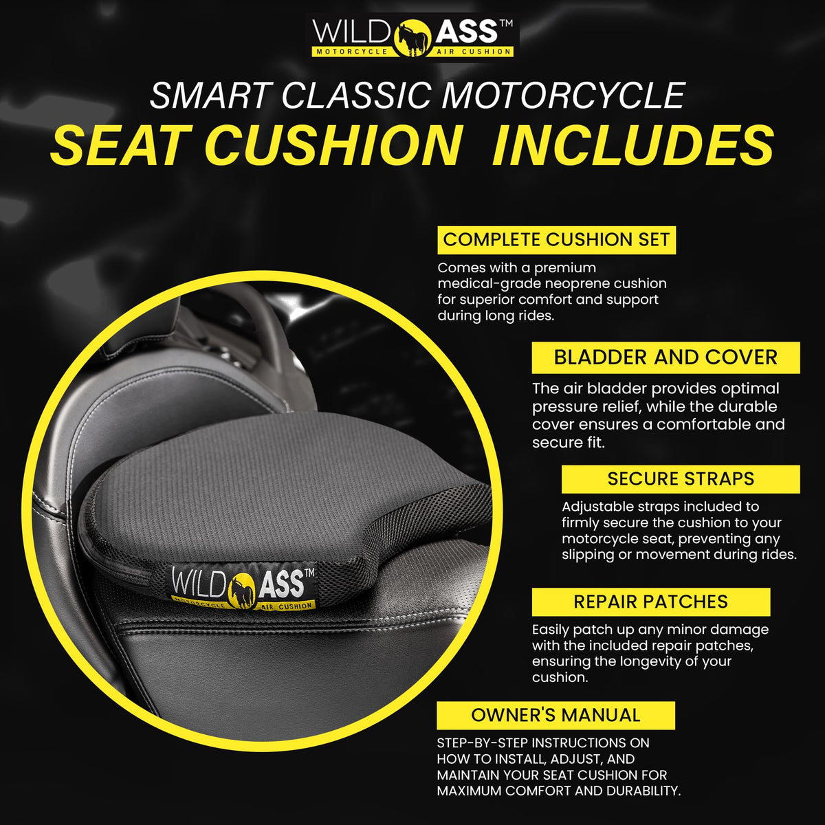 Wild Ass on a motorcycle in motion showing improved comfort for long rides