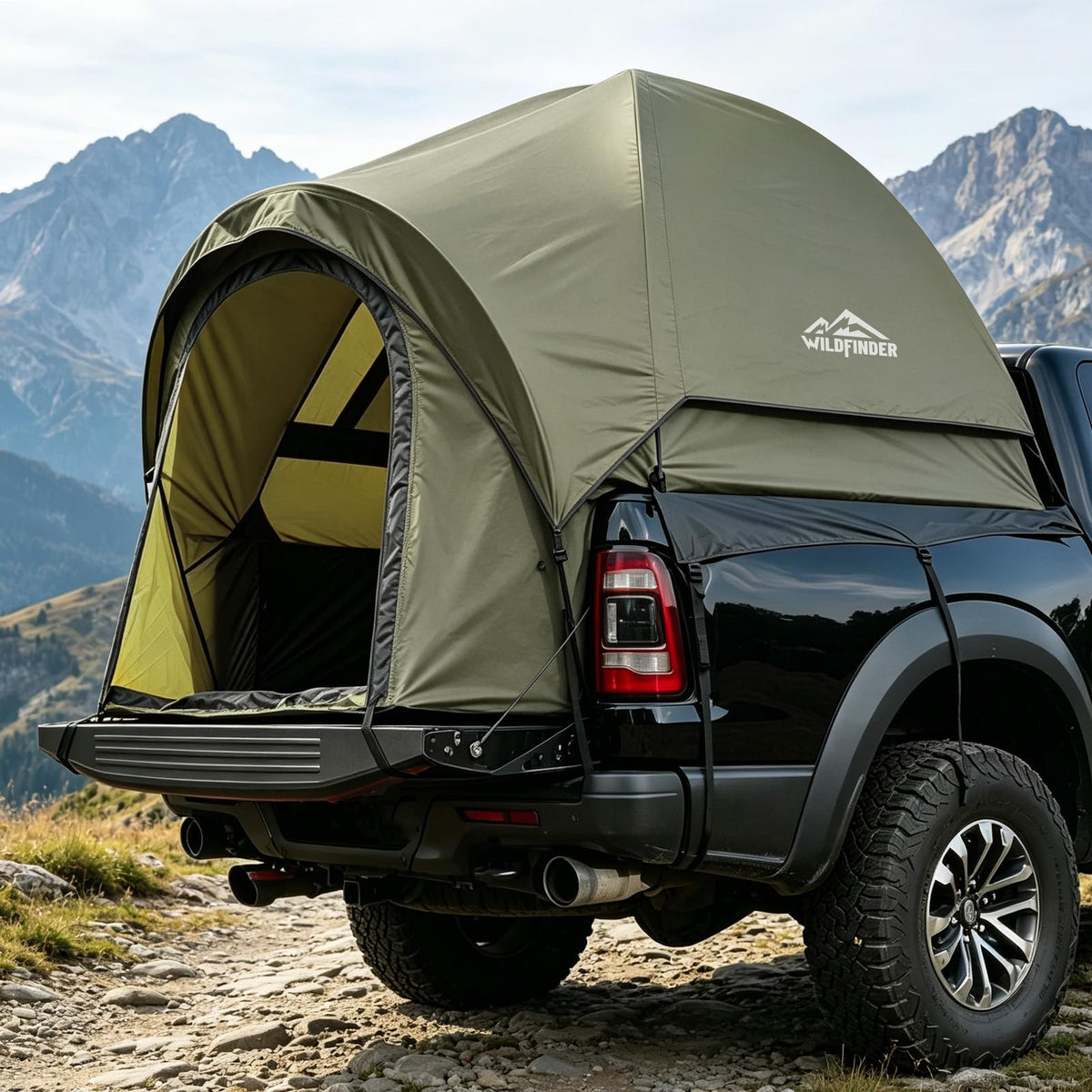 WildFinder front view of assembled tent on truck showcasing weather protection