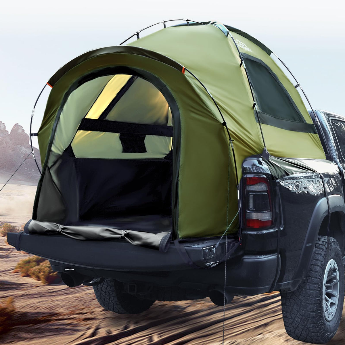 WildFinder front view of packaged truck bed tent showing compact carry convenience
