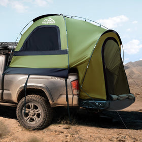 WildFinder front view showing tent mounted on pickup bed for quick shelter