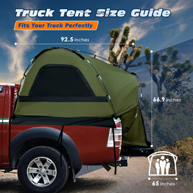WildFinder tent in truck bed with person for size and scale reference