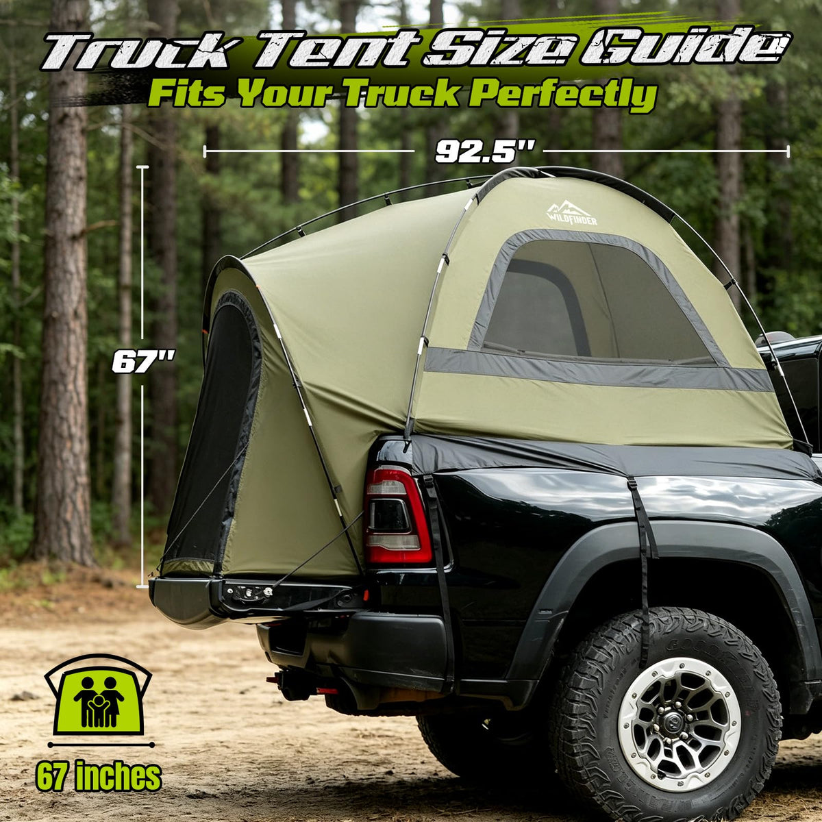 WildFinder tent in truck bed with ruler for size fit and bed compatibility