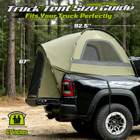 WildFinder tent in truck bed with ruler for size fit and bed compatibility
