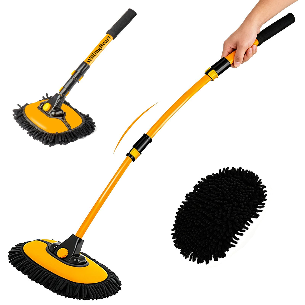 WillingHeart front view brush with extended pole shows full tool and reach benefit