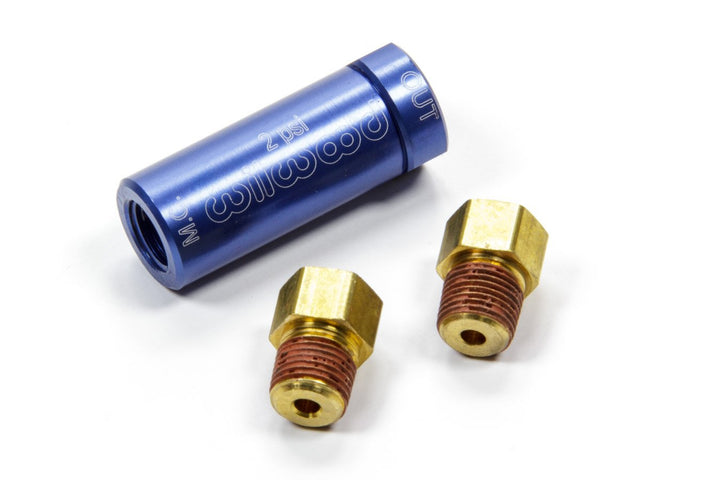 Wilwood residual pressure valve front view showing blue anodized body and ports for durable installation