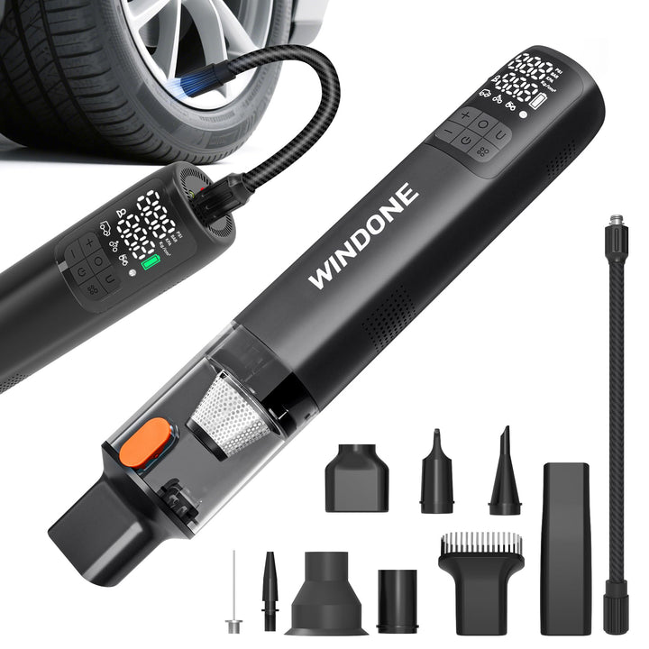 Windone front view showing compact 2-in-1 cleaner and inflator, ready-to-use convenience