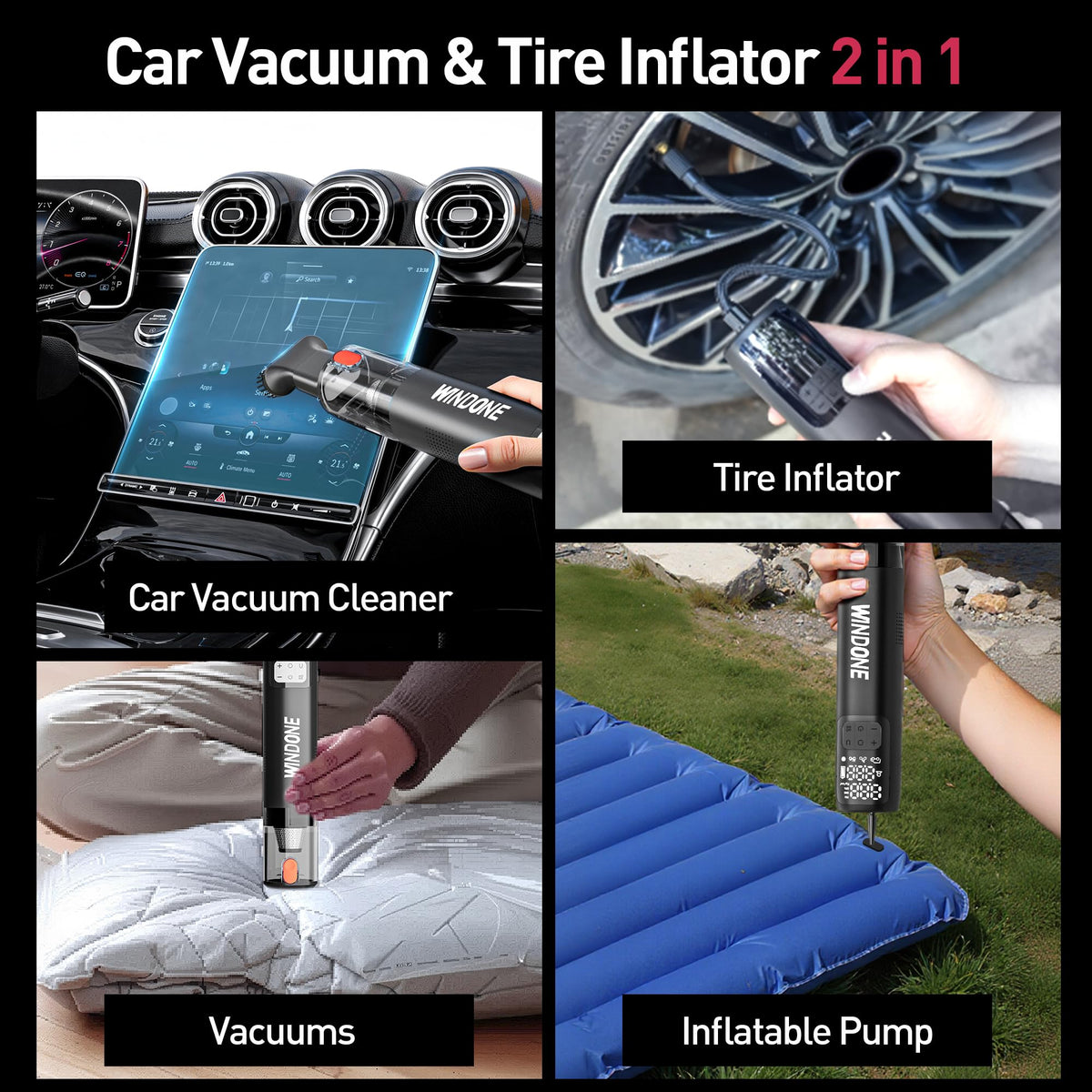 Windone inflating a car tire, providing quick roadside pressure boost