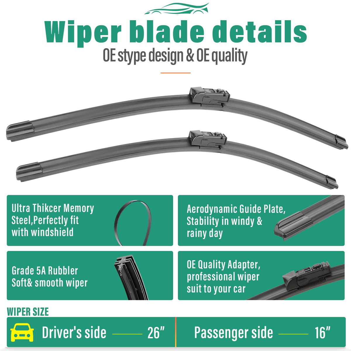 WINDSMILE 16-inch passenger blade detail showing durable connector and even pressure